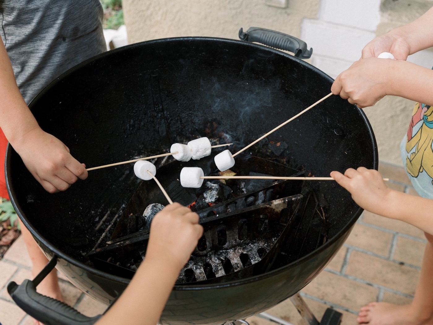 Kids roasting marshmallows over a grill